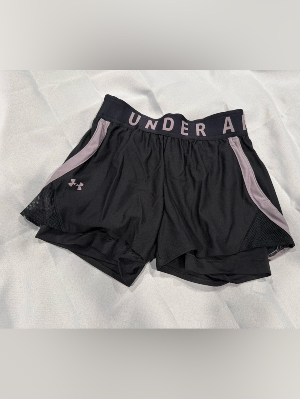 Under Armour Women’s Play Up 2-in-1 Black Athletic Shorts with Gray/Purple